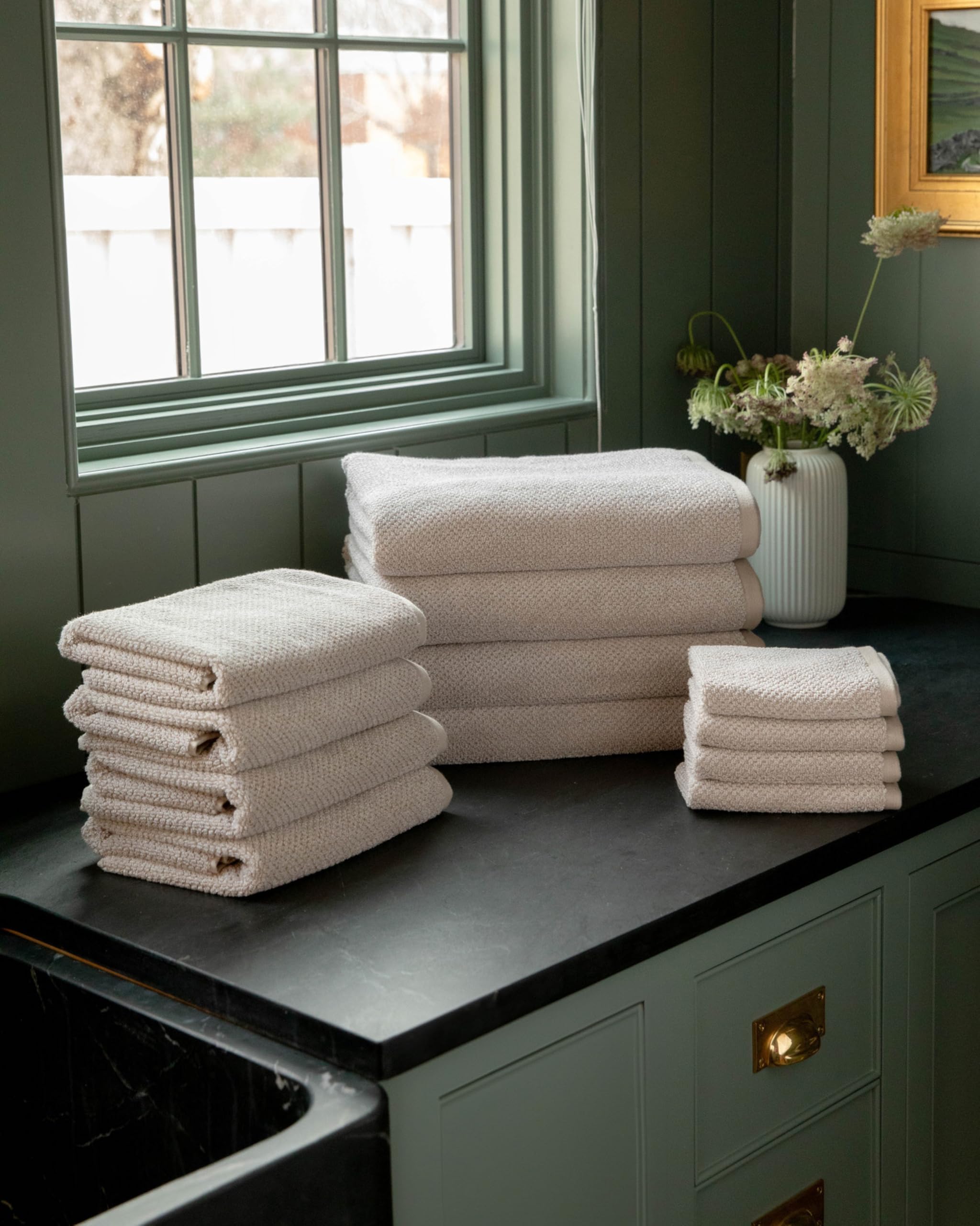 Cozy Earth Nantucket 60% Cotton 40% Viscose from Bamboo Washcloth - 600 GSM Plush & Fast-Drying with Rice Weave Pattern - 4 Pack 13" x 13" Luxury Washcloth - Sand