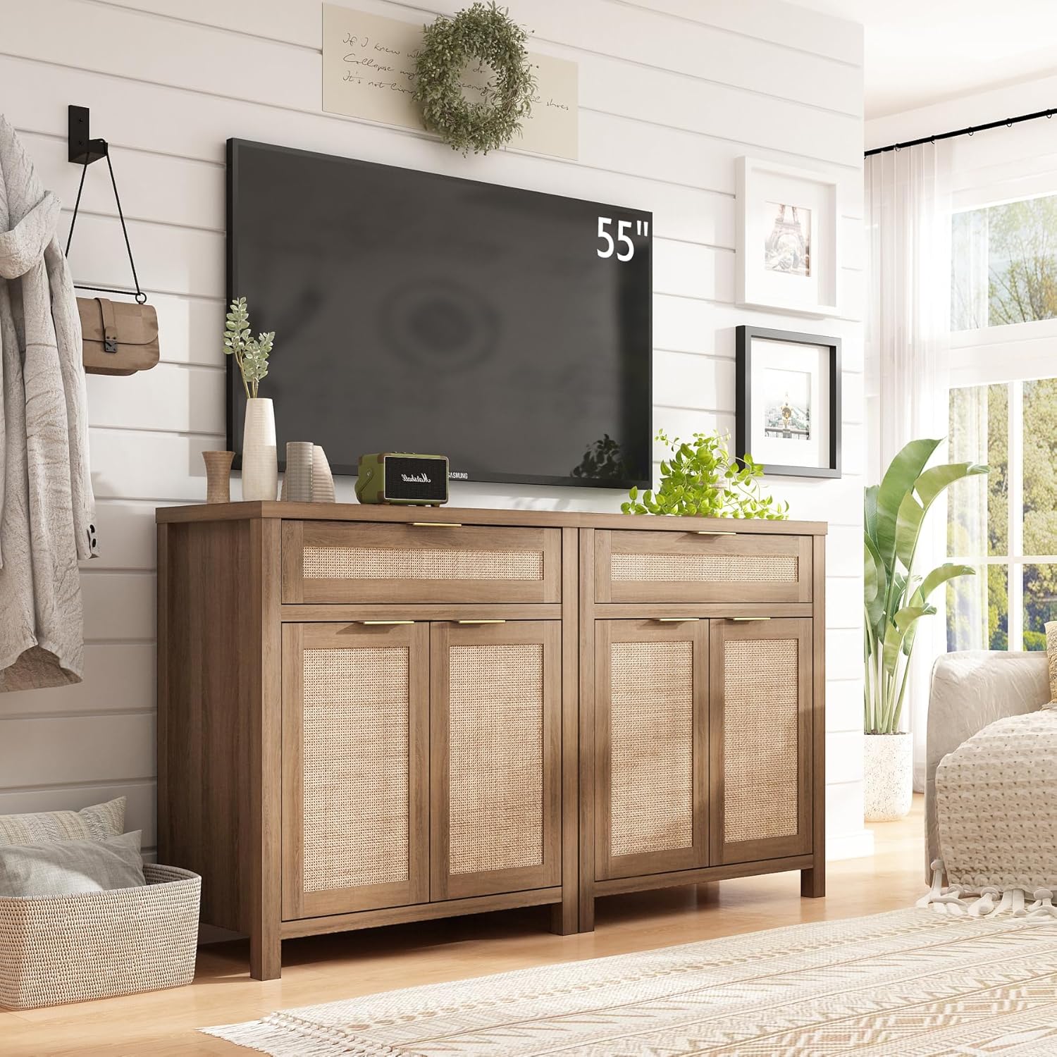 Sideboard Buffet Cabinet with Storage - 30" Rattan Boho Console Cabinets with Drawers, Mid Century Coffee Bar Cabinet for Entryway Living Room, Caramel Oak, Two Doors, Set of 2