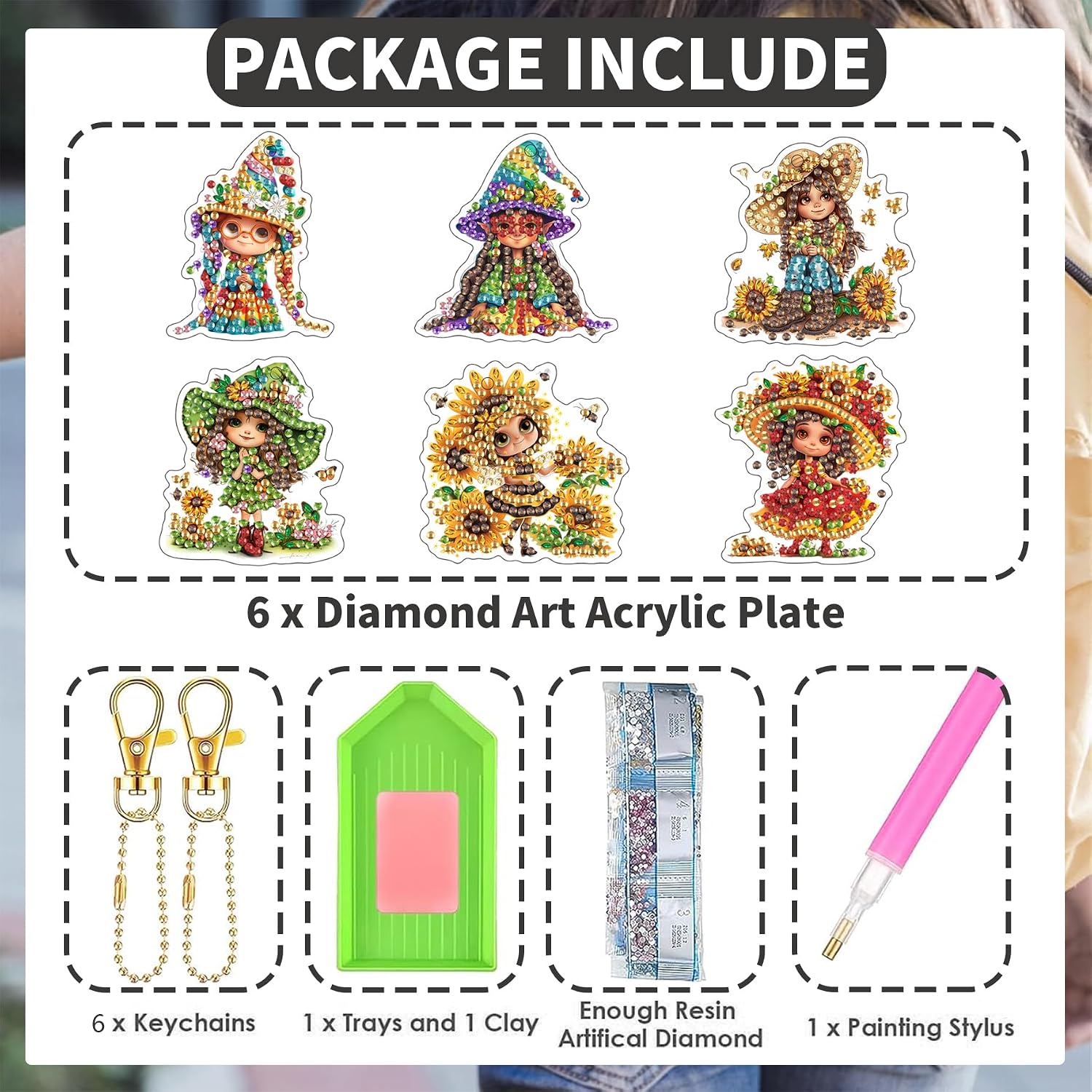 Ginfonr DIY Diamond Art Keychains Kit – 6PCS Diamond Painting Keychains for Bag with Woman, Cartoon Designs – Double-Sided Cute Flowers Key Rings for Car, Party, Gift Decor, Garden image 2