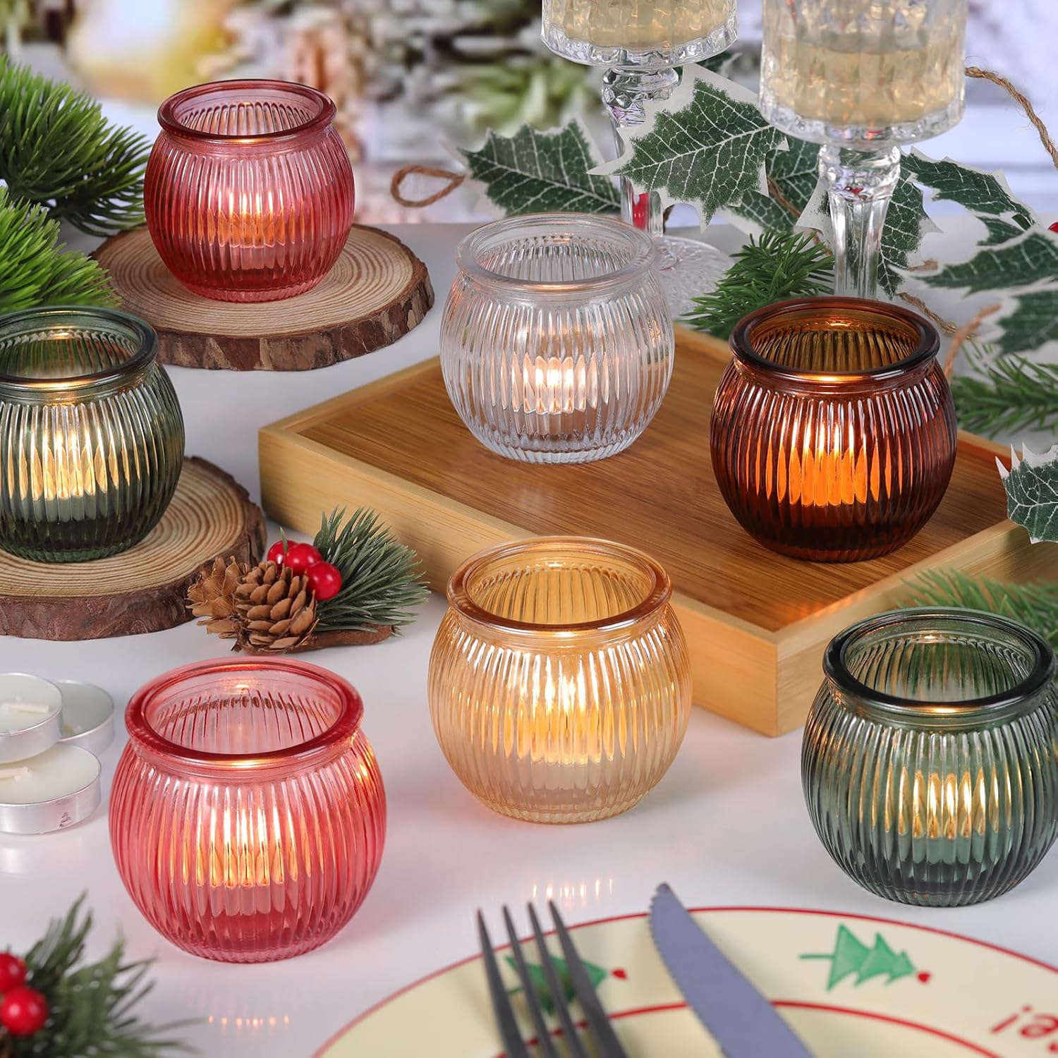 NITIME 20pcs Glass Votive Candle Holders with 20 Tea Lights, 5 Colors Ribbed Tealight Holders for Christmas Table Home Party Decor