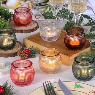 NITIME 20pcs Glass Votive Candle Holders with 20 Tea Lights, 5 Colors Ribbed Tealight Holders for Christmas Table Home Party Decor