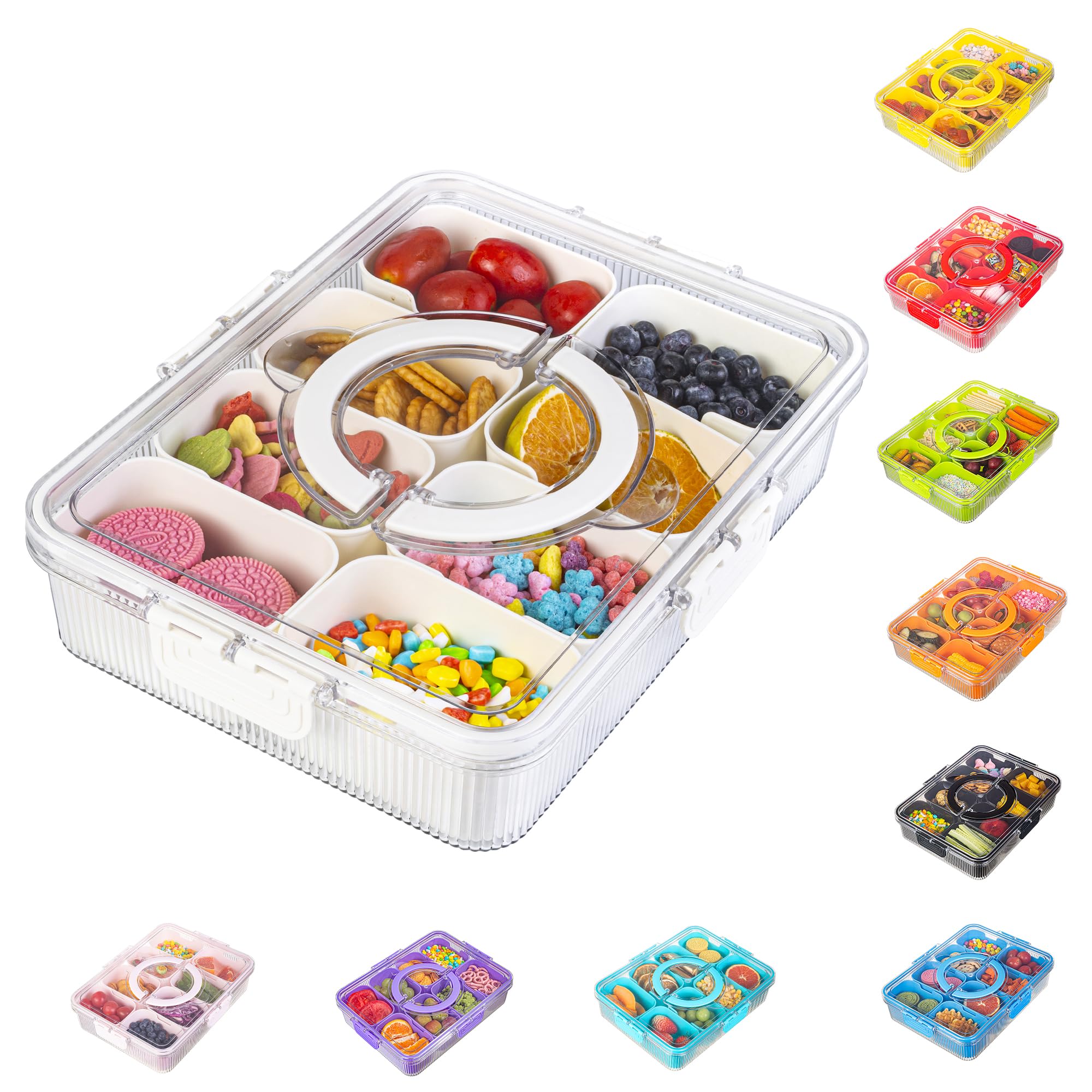 Patent Design - Caja de aperitivos acanalada, bandeja dividida para servir con tapa y asa, 8 divisores, portátil, para viajes, playa, charcutería, verduras, frutas, dulces, 1 paquete