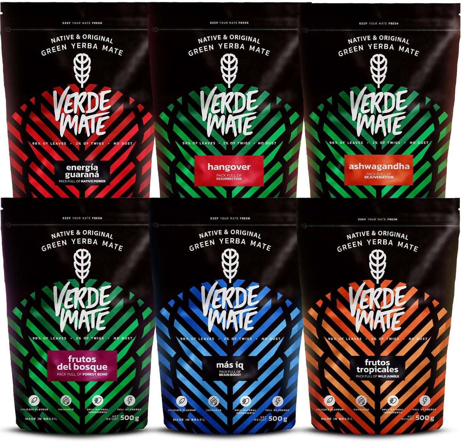 Fruity yerba mate set | Six-pack of yerba mate | Guarana, forest fruits, pineapple, ashwagandha | Brazilian, green yerba mate | Yerba mate tea | Mild taste | Natural caffeine | 6x500g | 3kg