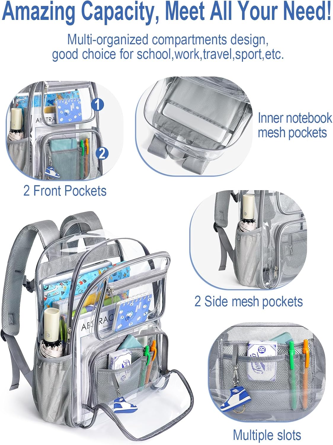 Heavy Duty Clear Backpack For Kids Women Men Boys Girls, 17 Inch Large See Through Backpack, 360° 3M Reflective Strips Clear Bookbag, Transparent Bag For School College Sport Work Travel, Grey