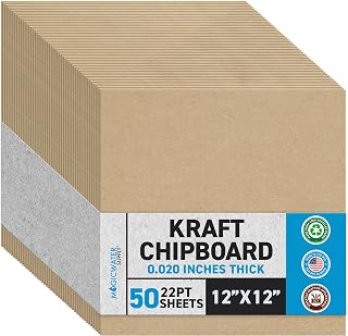 MagicWater Chipboard Sheet for DIY Projects - 12x12 Inch - 50 Pack - 22 pt - Heavy Duty Kraft (0.020 Inch Thick) Paperboard, for Scrapbooking, Books, Picture Frame Backing, Arts Project & Crafts