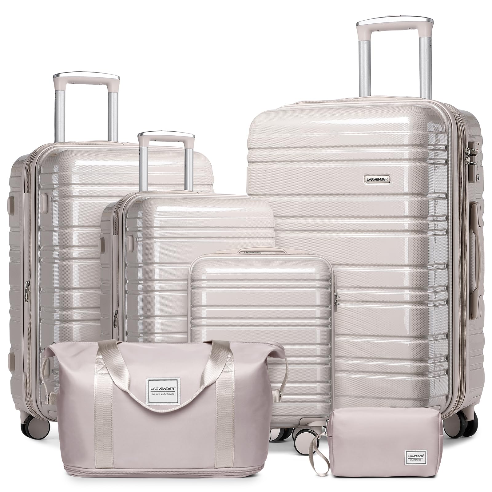 LARVENDER Luggage Sets 6 Piece Expandable Suitcases Set, Glossy Champagne