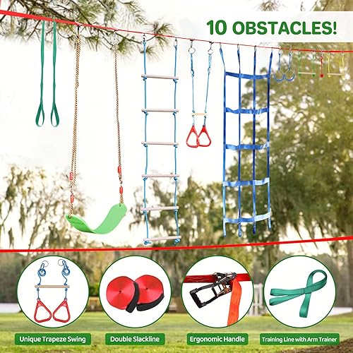 Miniatura 2 de Carrera de obstáculos ninja warrior para niños - 2 x 50 eslinga doble con accesorios completos para niños columpio trapecio escalera de cuerda red