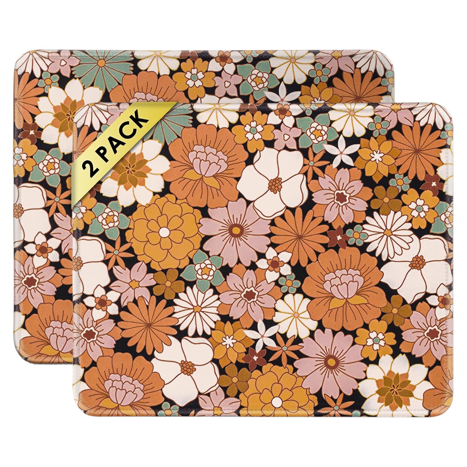 FROGIGO Mouse Pad with Stitched Edges - Cute Floral Mousepad Set for Women, 9.25 x 7.75 inch Washable Desk Pad, Non-Slip Rubber Base, Office Home Laptop Accessories - Autumn Daisy-2 Pack