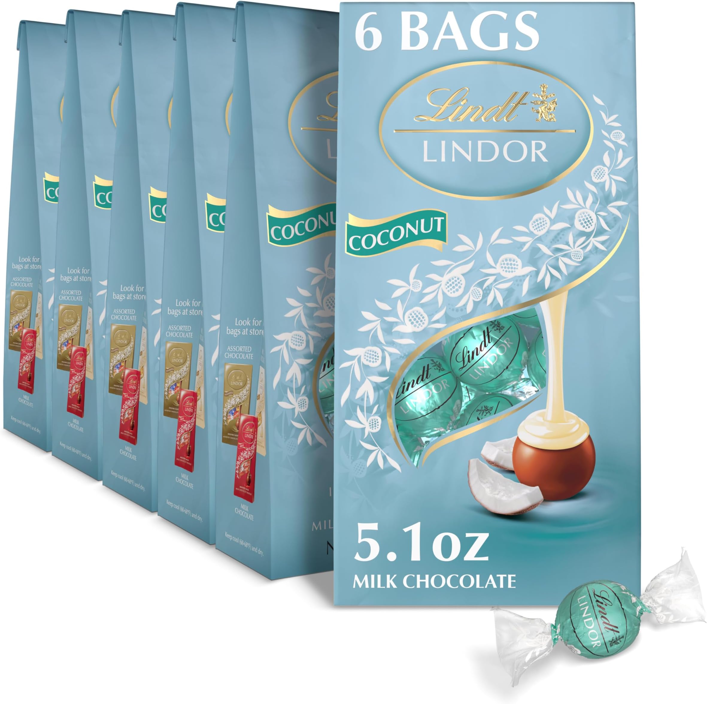 Lindt LINDOR Coconut Milk Chocolate Truffles, Milk Chocolate Candy with Smooth, Melting Truffle Center, Great for Gift Giving, 5.1 oz. Bag (6 Pack)