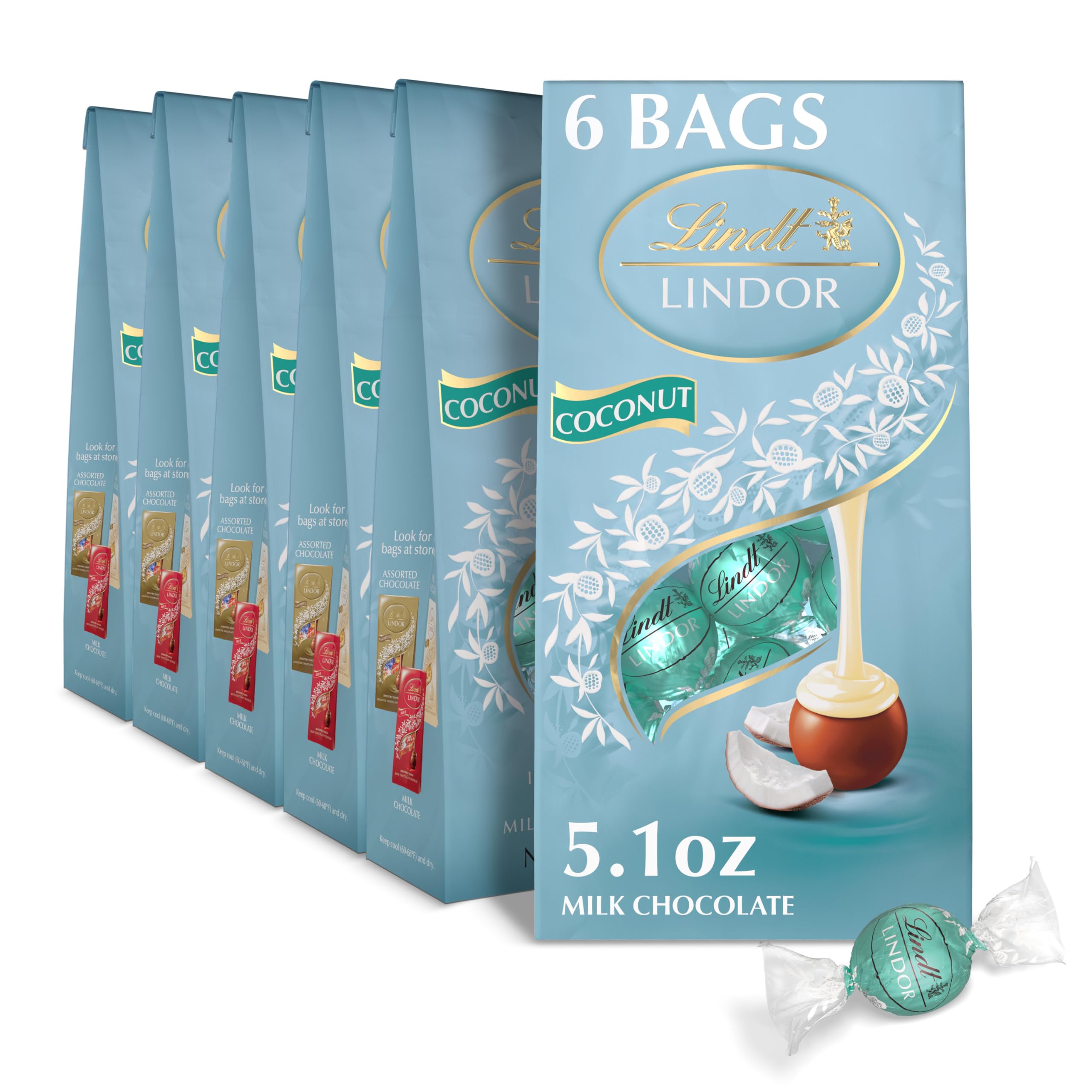 LindtLINDOR Coconut Milk Chocolate Truffles, Milk Chocolate Candy with Smooth, Melting Truffle Center, Great for gift giving, 5.1 oz. Bag (6 Pack)