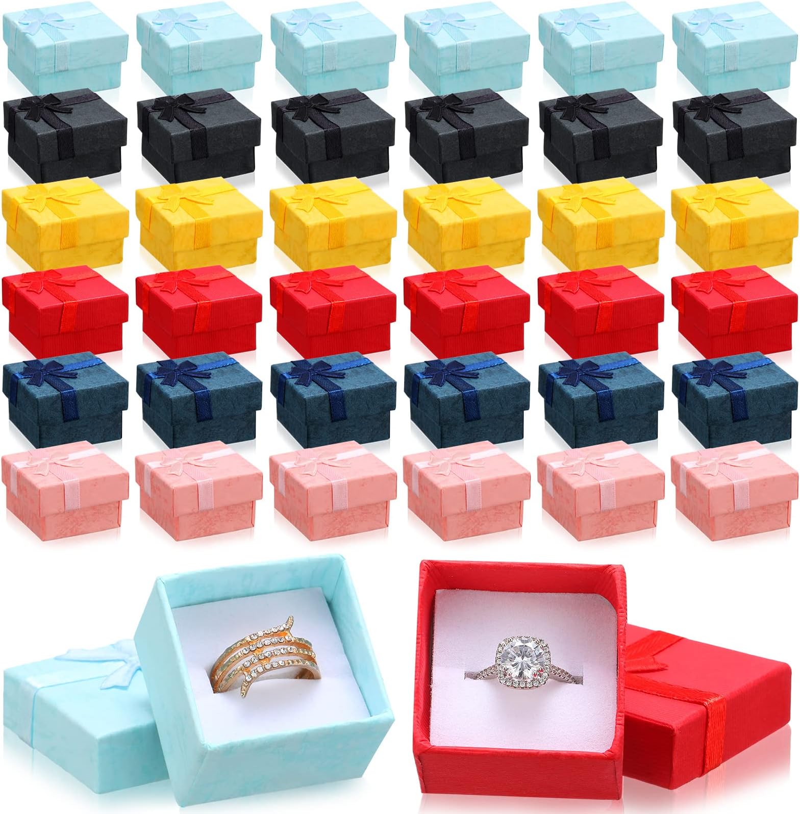 72 Pcs Ring Boxes 1.6 x 1.6 In Hard Cardboard Jewelry Box with Ribbon Bow Small Jewelry Gift Cases for Small Business(Regular Color)