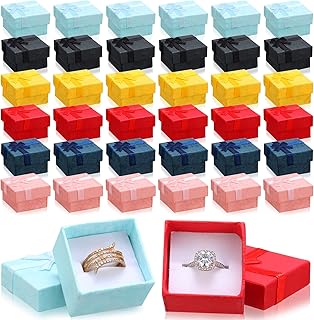 72 Pcs Ring Gift Box 1.6 x 1.6 x 1.1 Inches Hard Cardboard Jewelry Boxes with Ribbon Bow Small Ring Box Gift Cases for Earring Packaging Necklace Bangle Bracelets Weddings Birthdays, 6 Colors