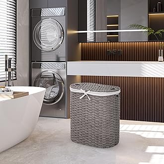 Seville Classics Premium Handwoven Portable Laundry Bin Basket with Carrying Handles, Household Storage for Clothes, Linens, Sheets, Gray, Oval Hamper