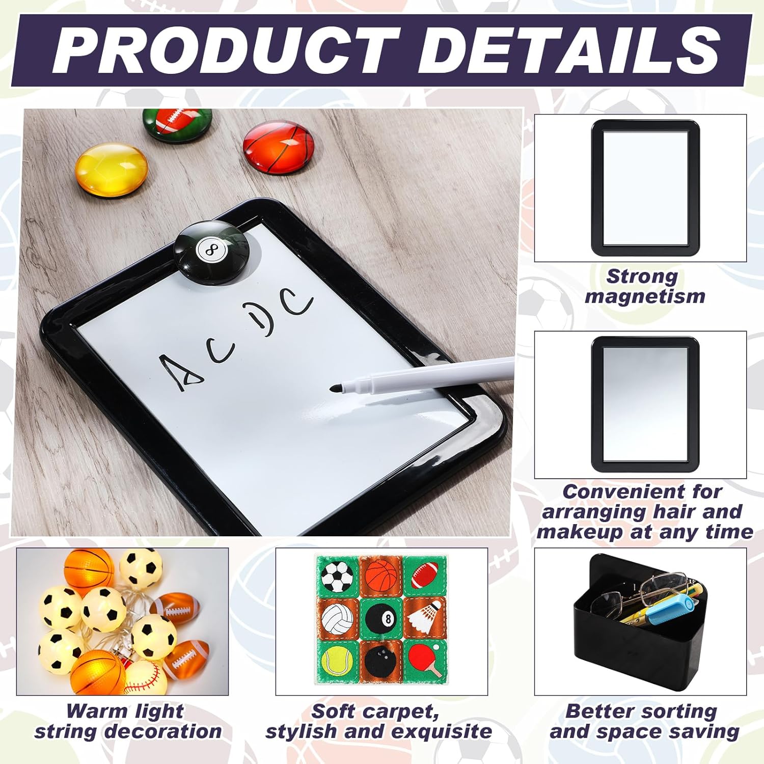 Kingdder 22 Pcs Sport Ball Theme Locker Accessories Kit Magnetic Mirror Whiteboard Pen Holder Magnet Hook Locker Wallpaper Rug Marker String Light for Back to School Party Decorations