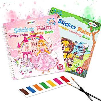 Watercolor & Paint by Sticker Books for Kids Ages 4-10, 2-Pack | 20 designs, built-in watercolor palettes, numbered stickers, included brushes, mess-free play, travel-friendly, ages 4-10