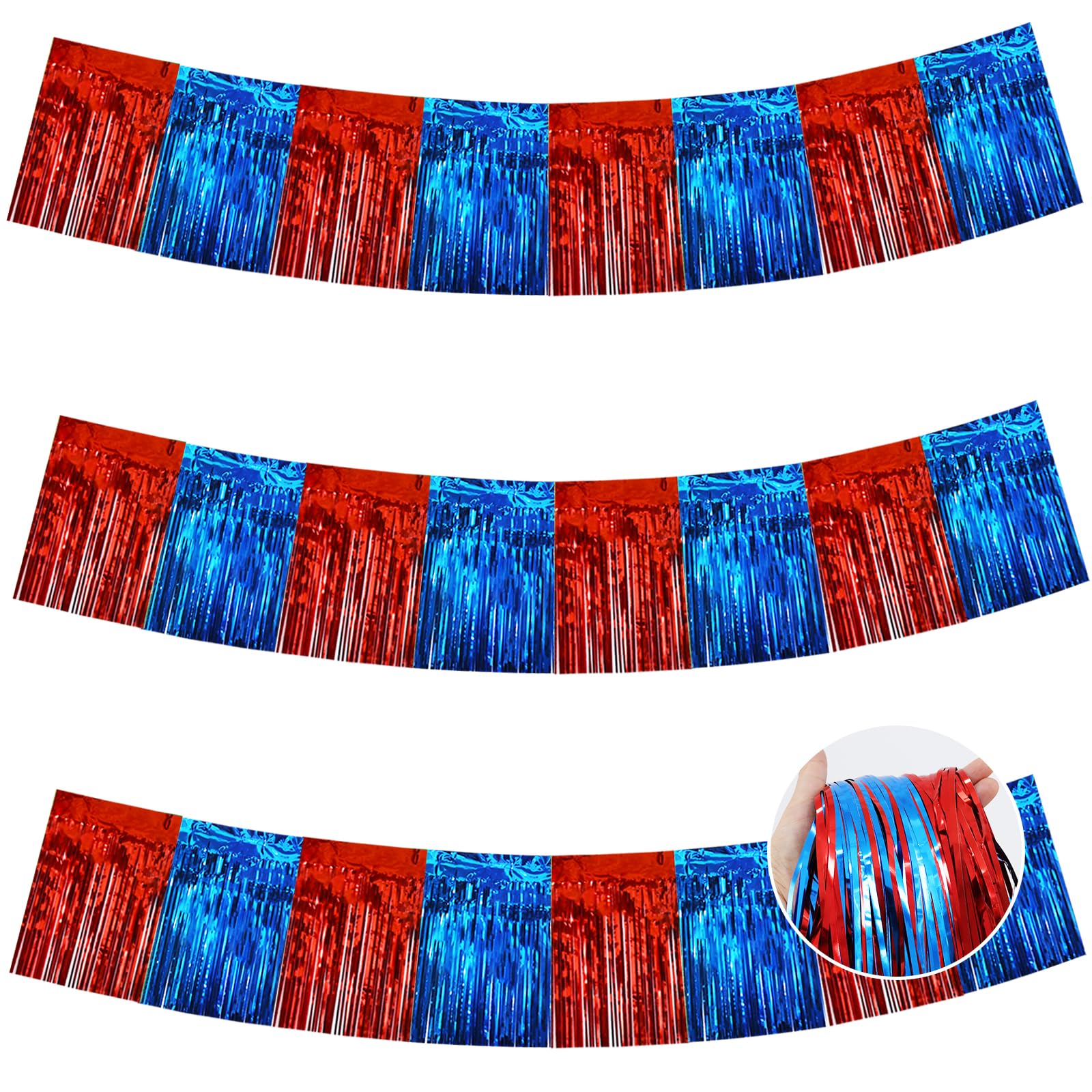 BEISHIDA 3 Pack Red Blue Foil Fringe Garland 30ft Wall Tinsel Banner