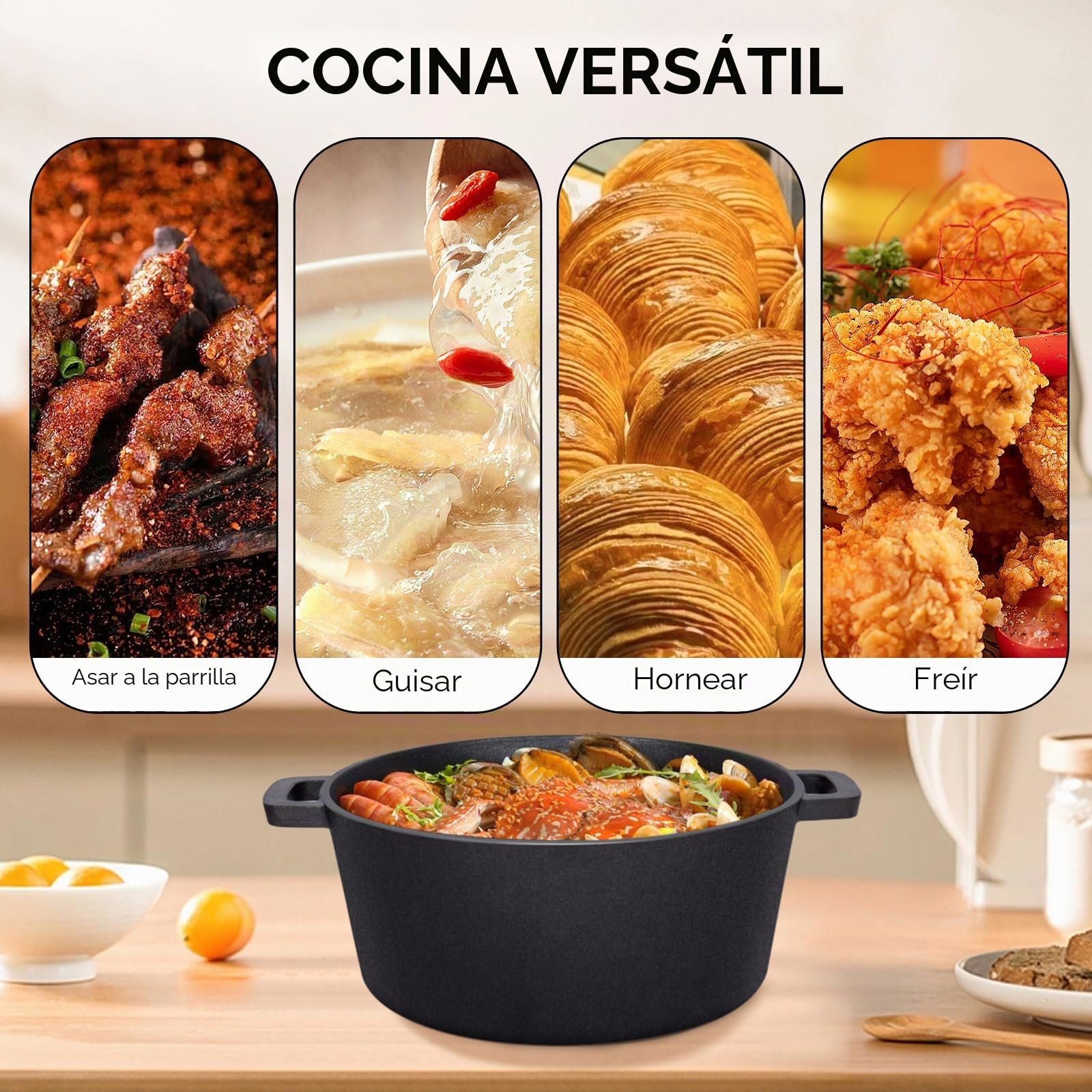 Todeco 5L Olla de hierro fundido con Tapa, 2 en 1 Horno holandés Presazonado con Receta, para Todo Tipo de Cocinas, Cacerola para camping, cocina, BBQ Bake