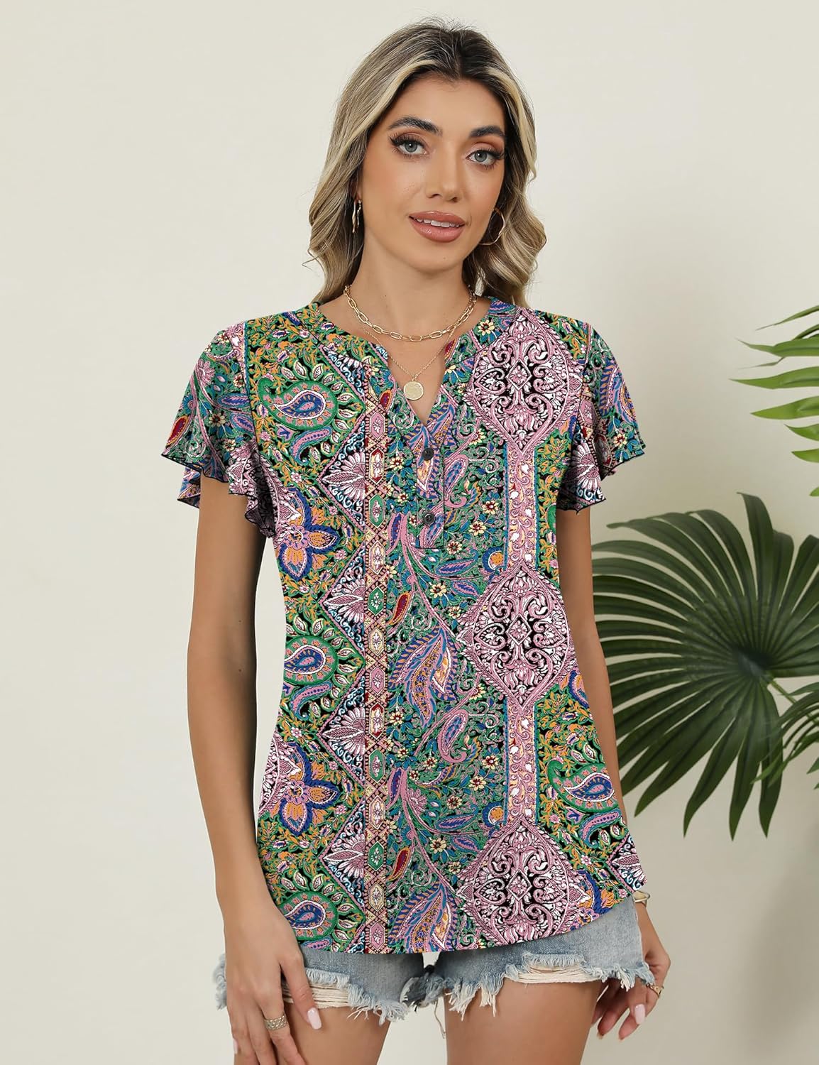 Rapbin Womens Short Sleeve Tops Ruffle V Neck Button Down Shirts Dressy Casual Tunic Blouses - Image 4