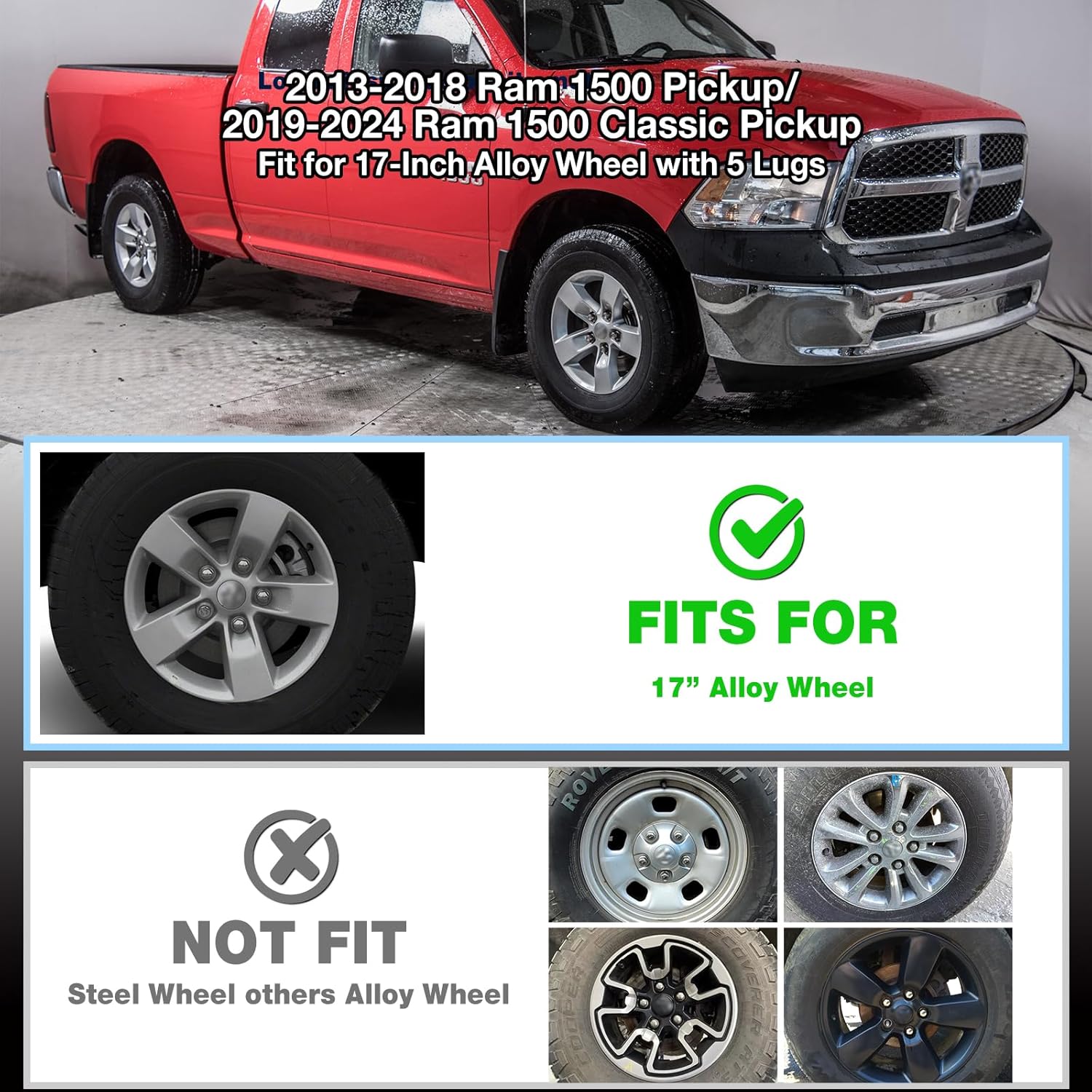 17" 4pcs Glossy Black Wheel Skins for 2013-2018 RAM 1500 & 19-24 Ram 1500 Classic, ABS Plastic 17 Inch Cover Hubcaps for 13-24 RAM 1500 Wheel Skin Replacement Set of 4