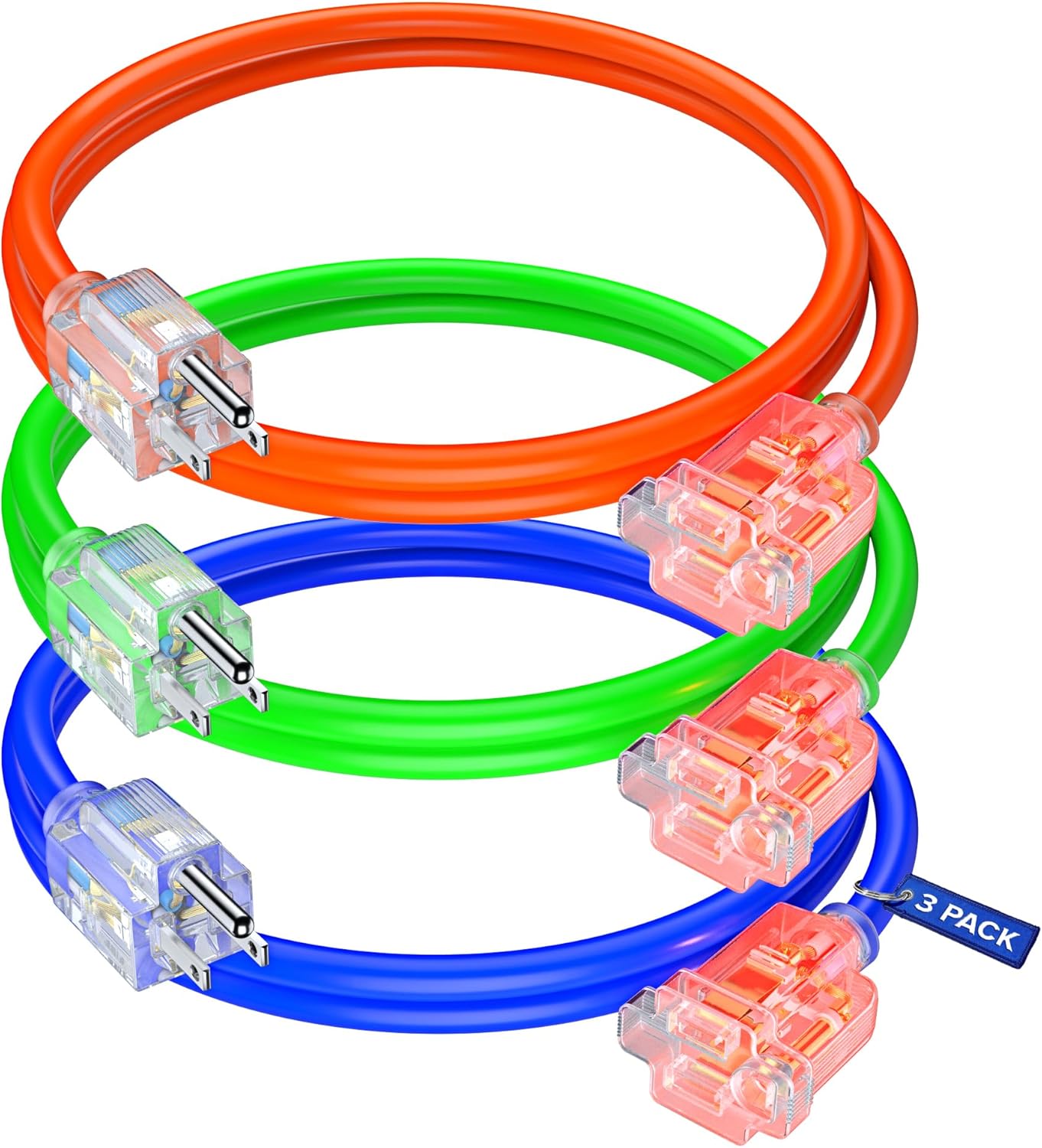 Maximm Short Extension Cord 1 Foot (3 Pack) Heavy Duty Outlet Saver, ETL Listed, 16AWG/13A, 3 Prong - Clear Lighted Female End, 12 inch, Multicolor