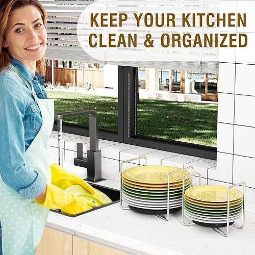 Miniatura 8 de Piconico Soporte para platos para cajones de cocina, estantes de platos de bambú para encimera de cocina, 2 unidades, color negro, S & L, ajustable