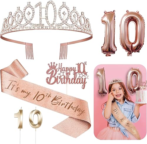 Decoraciones de cumpleaños de 10 años para ella, 5 piezas de regalo, incluyendo corona de tiara de décimo, banda, decoración de pasteles, globos,