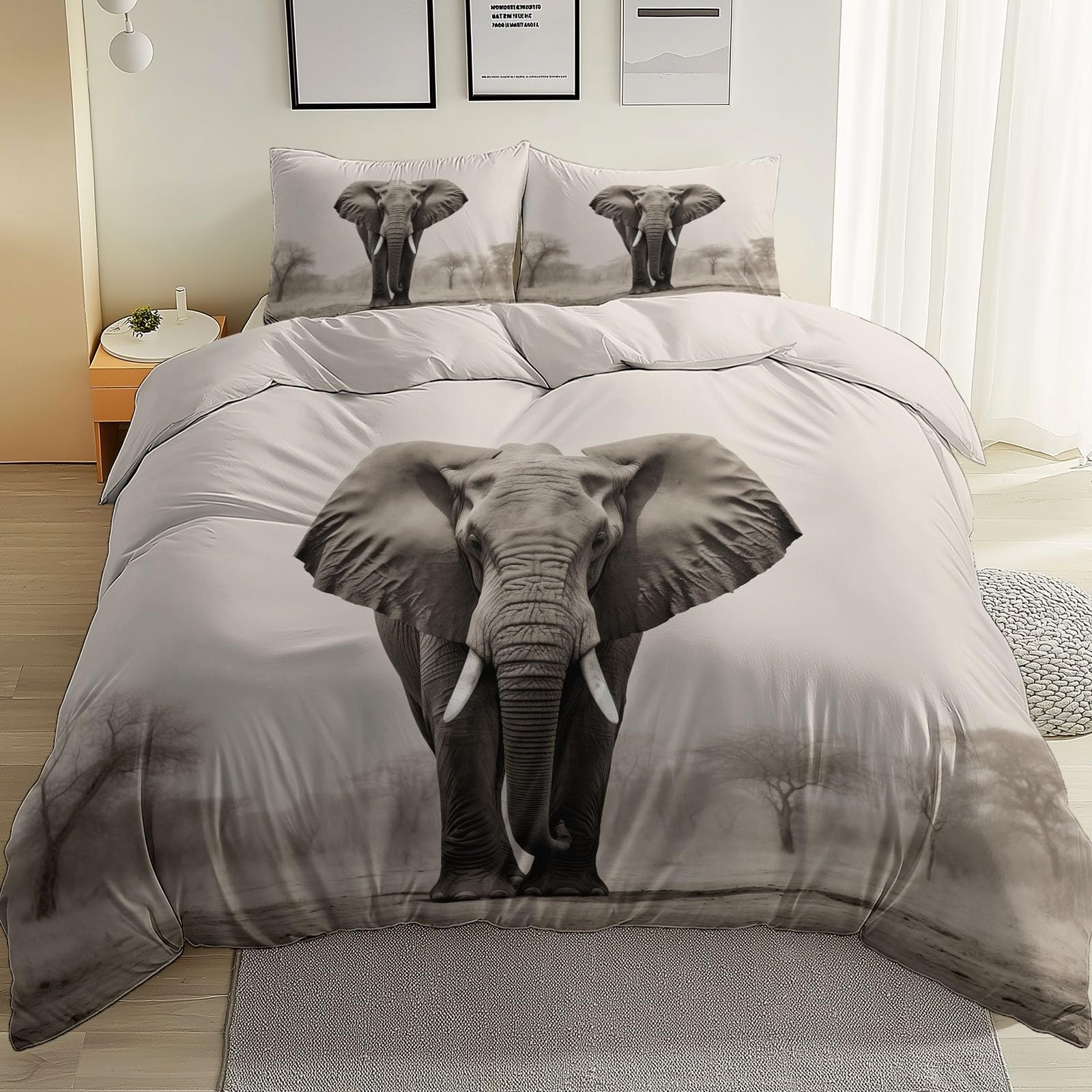 Copripiumini 200 x 200 cm 3 pezzi,reversibile Morbido Stampe Elefante Documentario Natura Selvaggia set da letto federe copripiumino per adulti Bianco