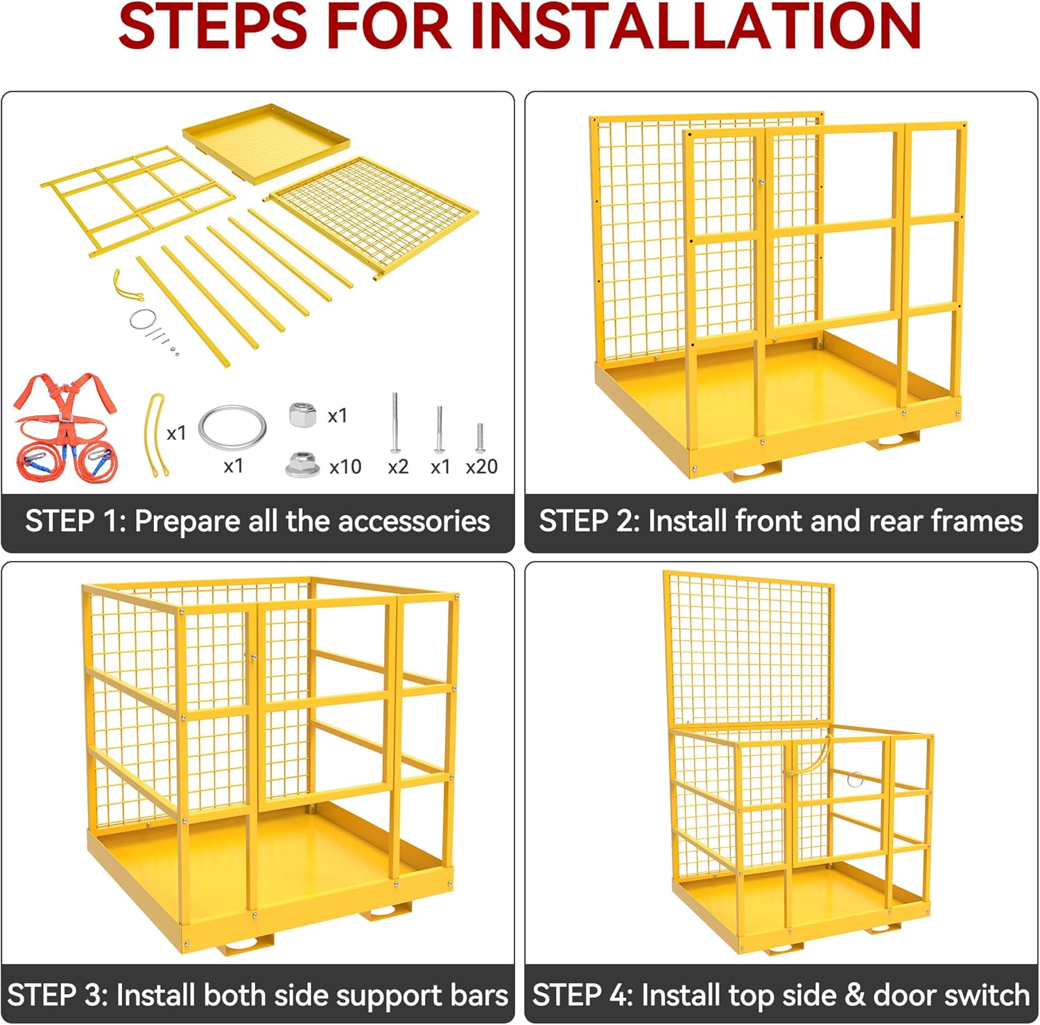 YITAMOTOR 43"x45" Forklift Safety Cage, 1400lbs Forklift Man Basket Work Platform with Safety Strap, Heavy Duty Collapsible Lift Cage for Most Aerial Jobs