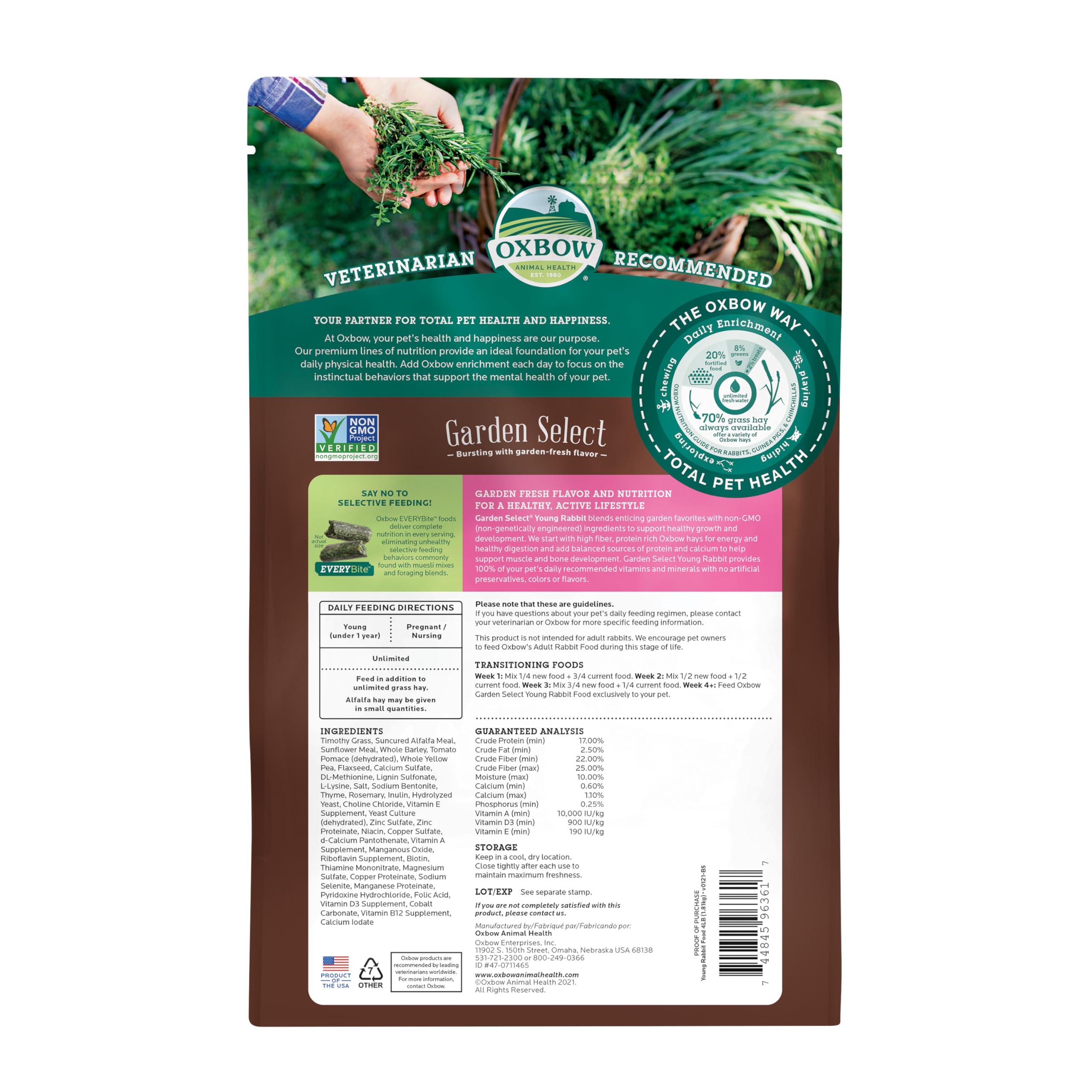 Oxbow Garden Select Rabbit Food, Young, Made Alfalfa for Rabbit, Bunny Food Pellets, Non-GMO, No Soy or Wheat, Small Animal Pet Products, Made in USA, High Fiber, 4 lb. Bag