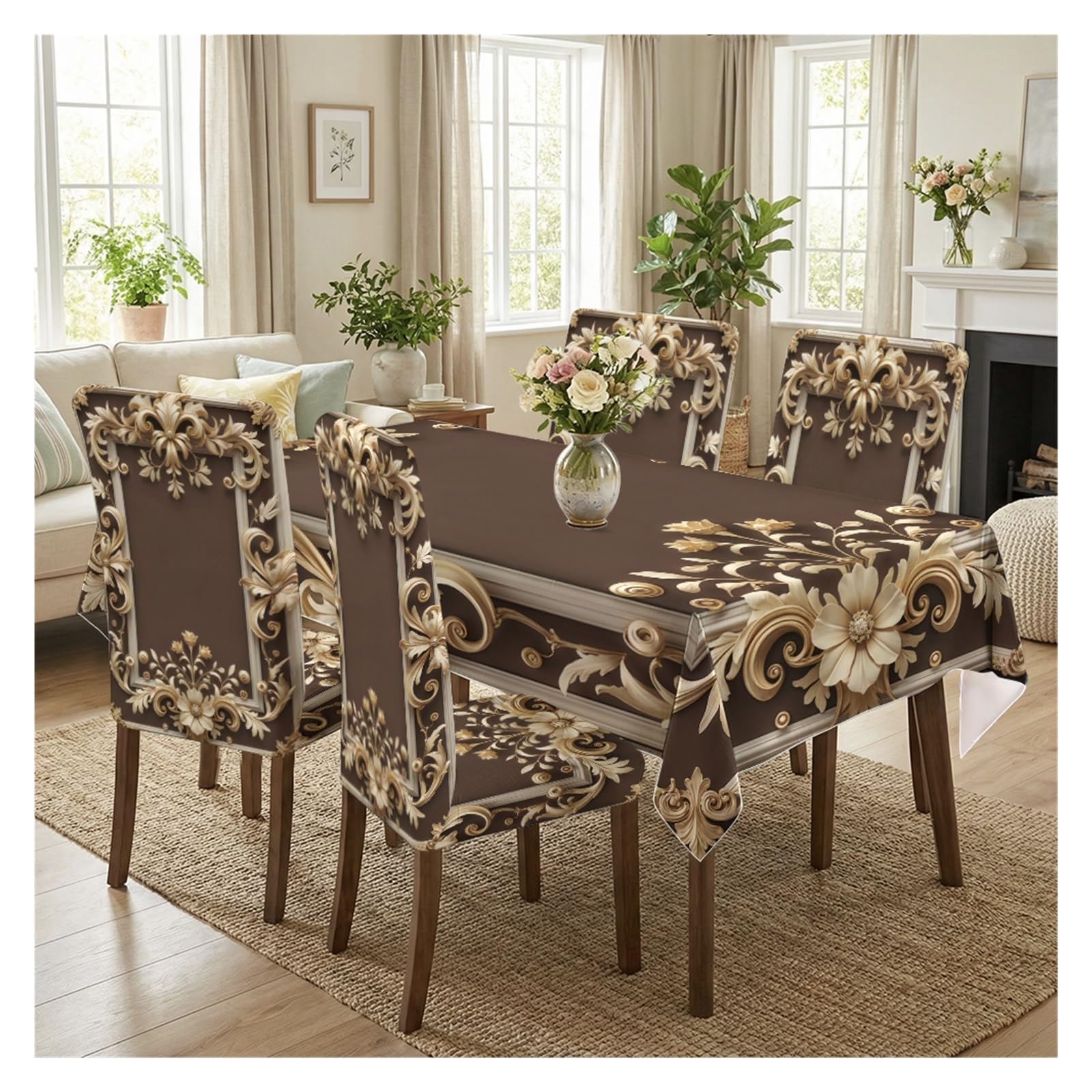 KXUAUV Luxury Gold Baroque Print Stretch Dining Chair Covers Tablecloth Set, For Kitchen Dining Living Room Elegant Decor, 5/7 Pack Party Decor(5pcs Set: Tablecloth+Chair Covers)