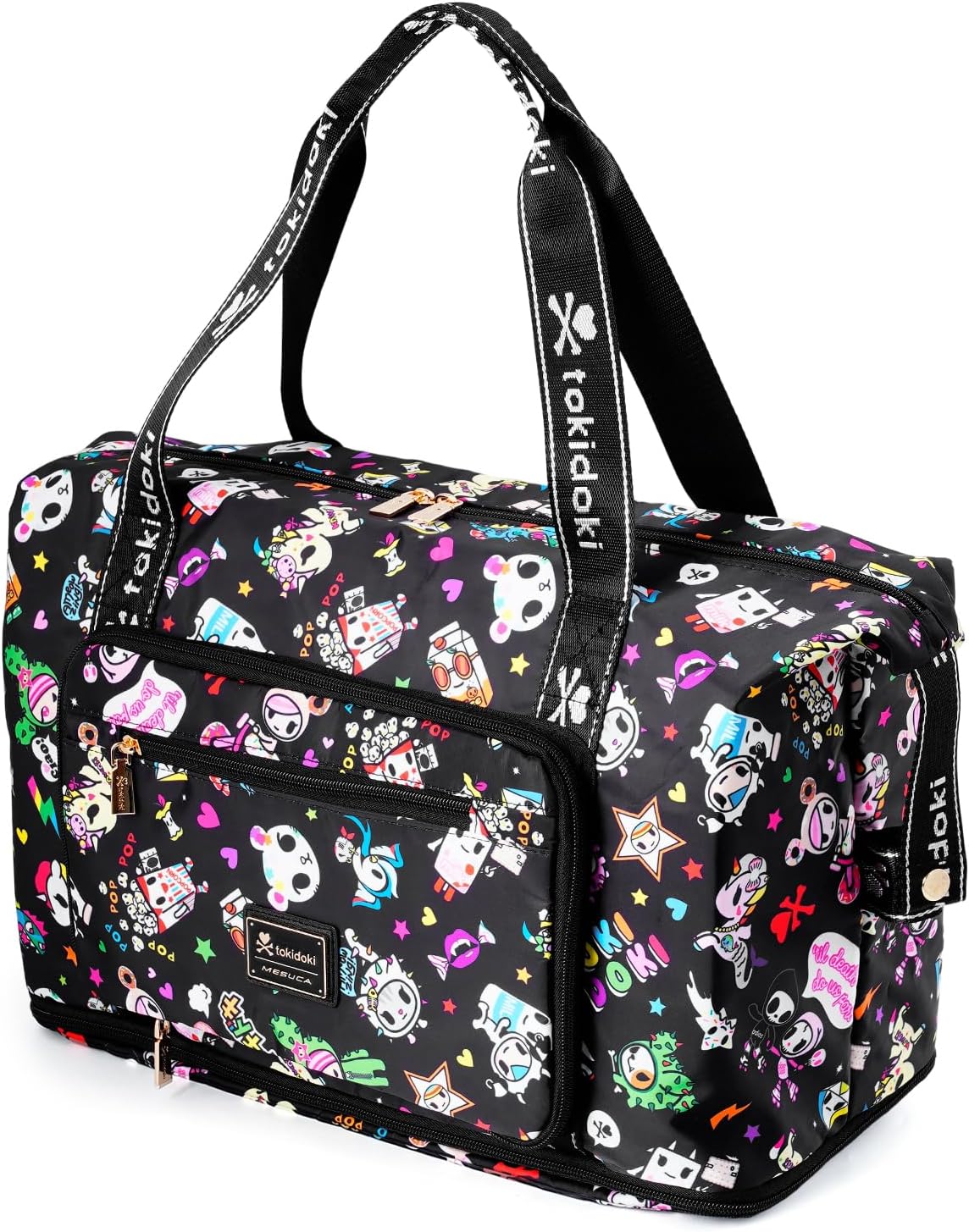 Tokidoki Foldable Travel Duffle Bag for Women, 40L Large Duffel Bags Carry On Weekend Bag ，with Overnight Bags for Men Women (Black)