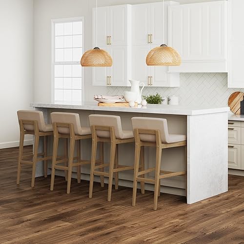 Vista 83 de Nathan James - Gracie - Moderno taburete alto con respaldo, silla alta tapizada con lino texturizado natural y patas de madera cepillada