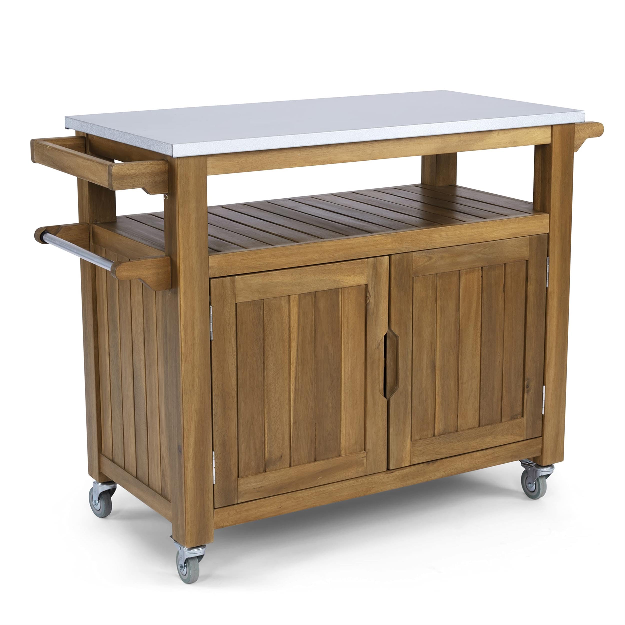 Pemberly Row Modern Outdoor Kitchen Cart, Solid Acacia Wood, Golden Teak Finish, Galvanized Steel Top, Adjustable Shelf, Spice Rack, Towel Bars,