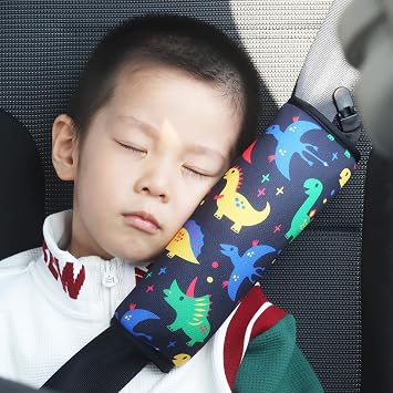 Car Seat Belt Pillow for Kids with Clips,Seat Strap Belt Covers Pad Cushion,Car Seatbelt Cover Pillows for ToddlersDinosaur Black
