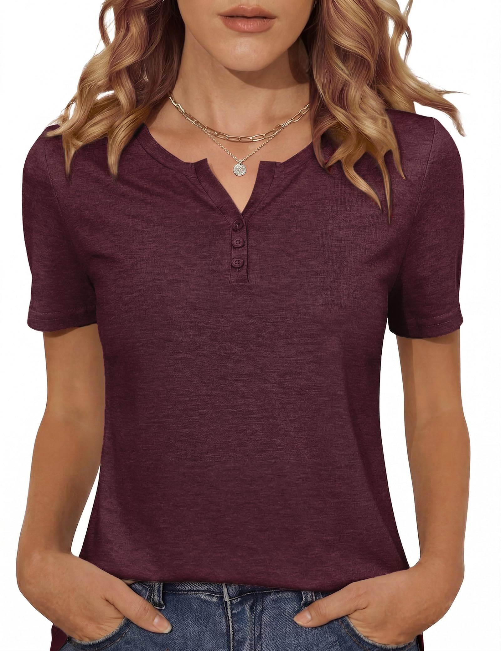 Totatuit Damen T-Shirt V Ausschnitt Kurzarm mit Knopfleiste Basic Henley Shirt Einfarbig Sommer Oberteil Casual S-XXL
