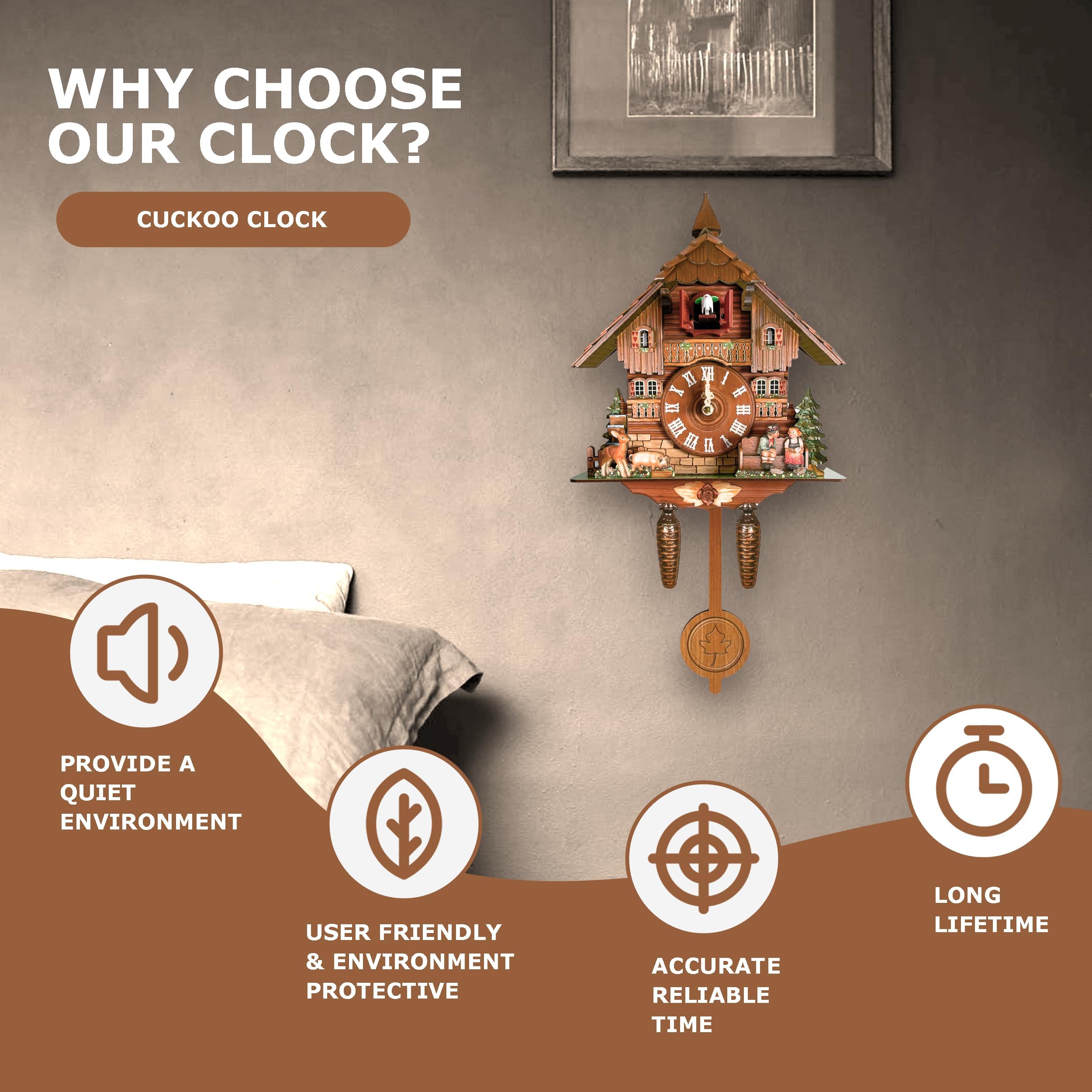 STRONGBERRY Brown Handcrafted Cuckoo Wall Clock with Silent Movement, with Pendulum and Chiming Function, Classic Vintage Wooden Design, 18.11 x 9.84 x 3.94 inches, Newly Wood Decorative Wall Clock