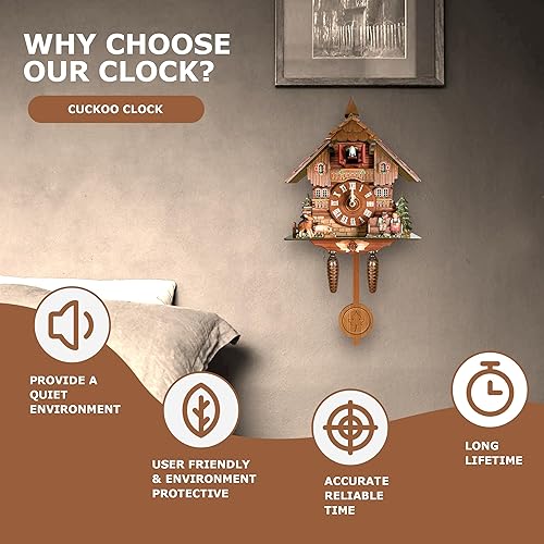 Miniatura 6 de STRONGBERRY Reloj de pared de cuco hecho a mano marrón con movimiento silencioso, con péndulo y función de timbre, diseño clásico de madera vintage,