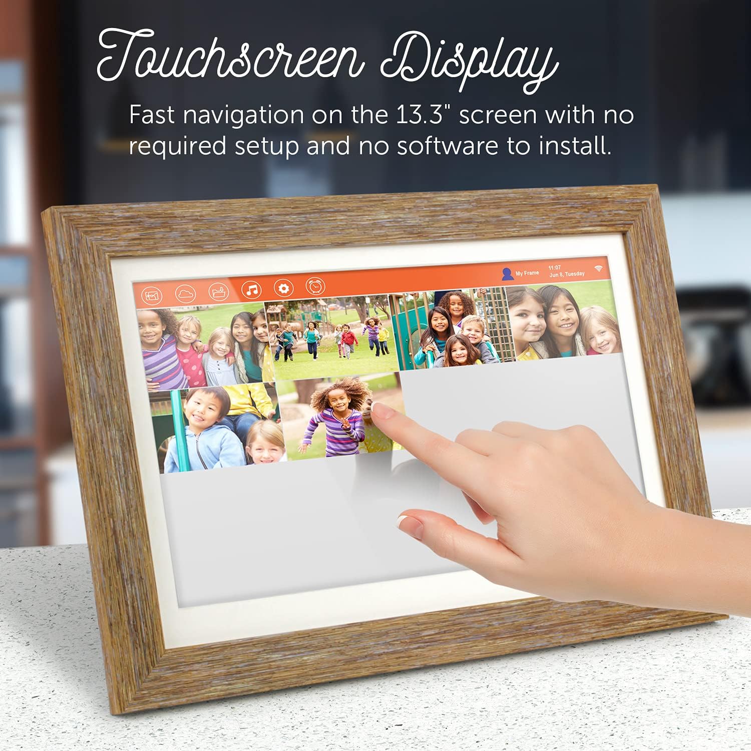 Aluratek 13.3" WiFi Distressed Wood Digital Photo Frame with Touchscreen, 16GB Built-in Memory, USB/SD/SDHC Supported, Easy Setup (ASHDPF13F)