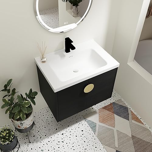 Miniatura 8 de Combo de lavabo de baño de 28 pulgadas para espacio pequeño, moderno juego de armario de tocador de baño montado en la pared con 2 puertas y lavabo