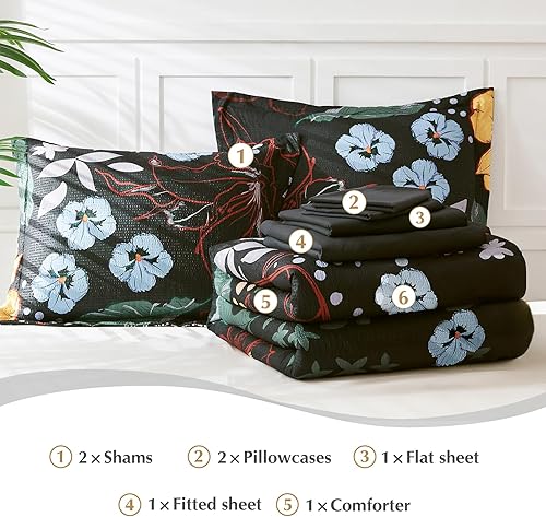 Miniatura 6 de CASAAGUSTO Juego de edredón tamaño matrimonial, 8 piezas de edredón floral negro con patrón de hojas de flores, diseño de sirsaca suave para todas