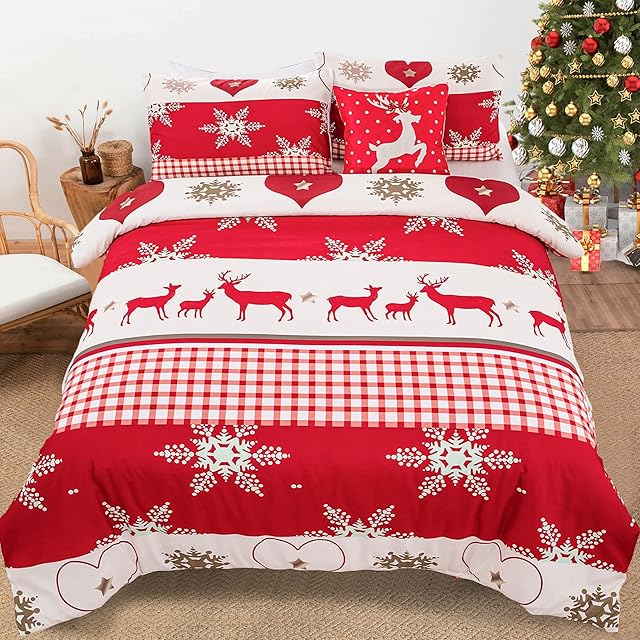 WONGS BEDDING Christmas Duvet Cover Set King Size Chrismas Elk and Chrimas Snowflakes Pattern Duvet Cover with Pillow Case Soft Microfiber