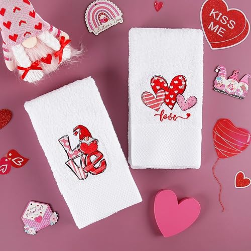 Miniatura 6 de Quera Paquete de 2 toallas de mano para el día de San Valentín, 100% algodón, bordadas, decoración de lujo de primera calidad, juego de platos