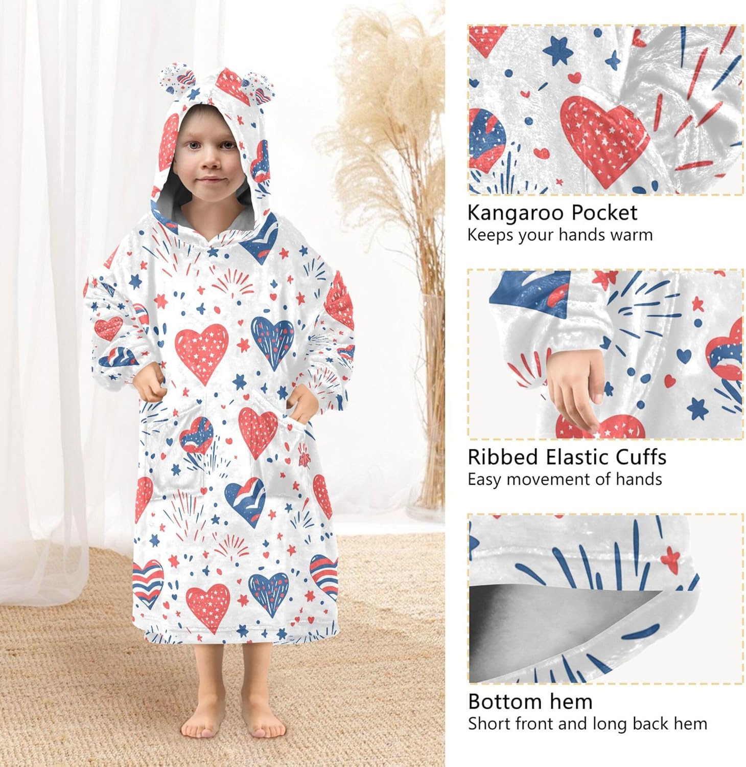 July 4th Independence Day Heart Kids Wearable Blanket Hoodie with Pocket and Sleeves for Toddlers Cute Hoodies Girls