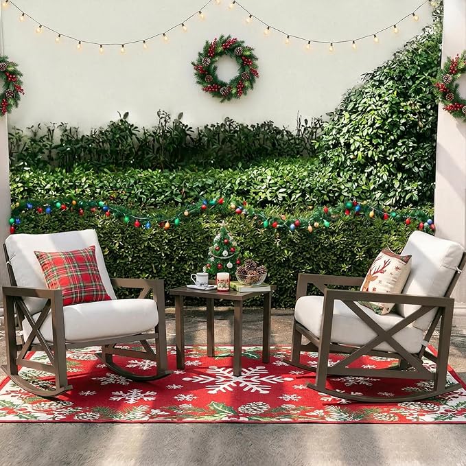 NATURAL EXPRESSIONS Rocking Bistro Set, 3 Piece Outdoor Patio Conversation Furniture Set with 2 Rockers and 1 Metal Coffee Table with Thick Cushions,2 Pack Patio Chair Covers Waterproof