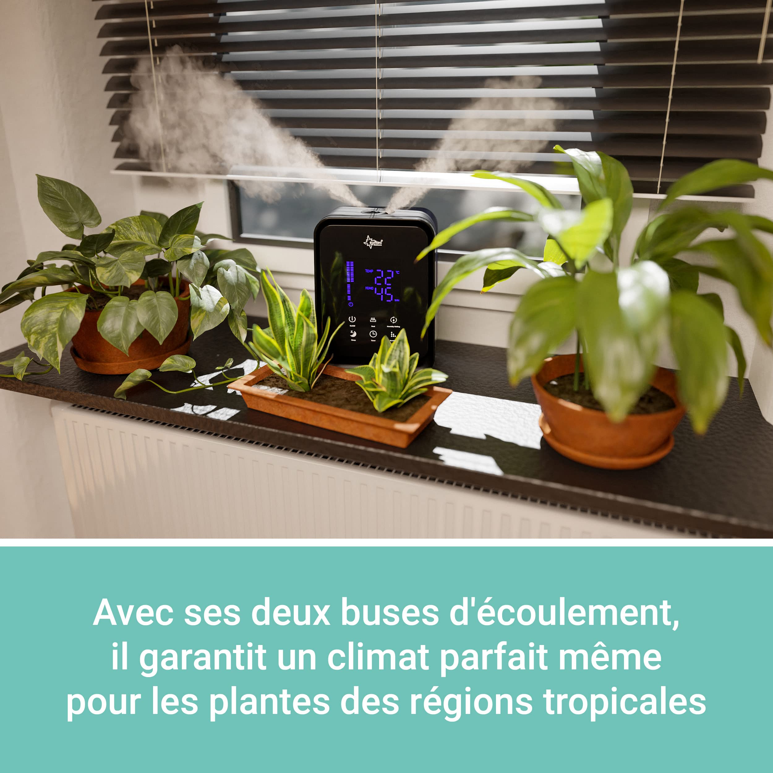 SUNTEC Humidificateur à Ultrasons Monsun 6000 Noir Silencieux | Diffuseur d'Arômes Avec Réservoir d'eau de 4,5 l | Nébuliseur avec 3 niveaux de Brume, minuterie et ioniseur