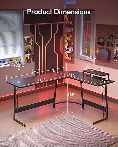 Miniatura 3 de CubiCubi Escritorio en forma de 59 pulgadas, escritorio de esquina para computadora con superficie de fibra de carbono, escritorio para juegos con