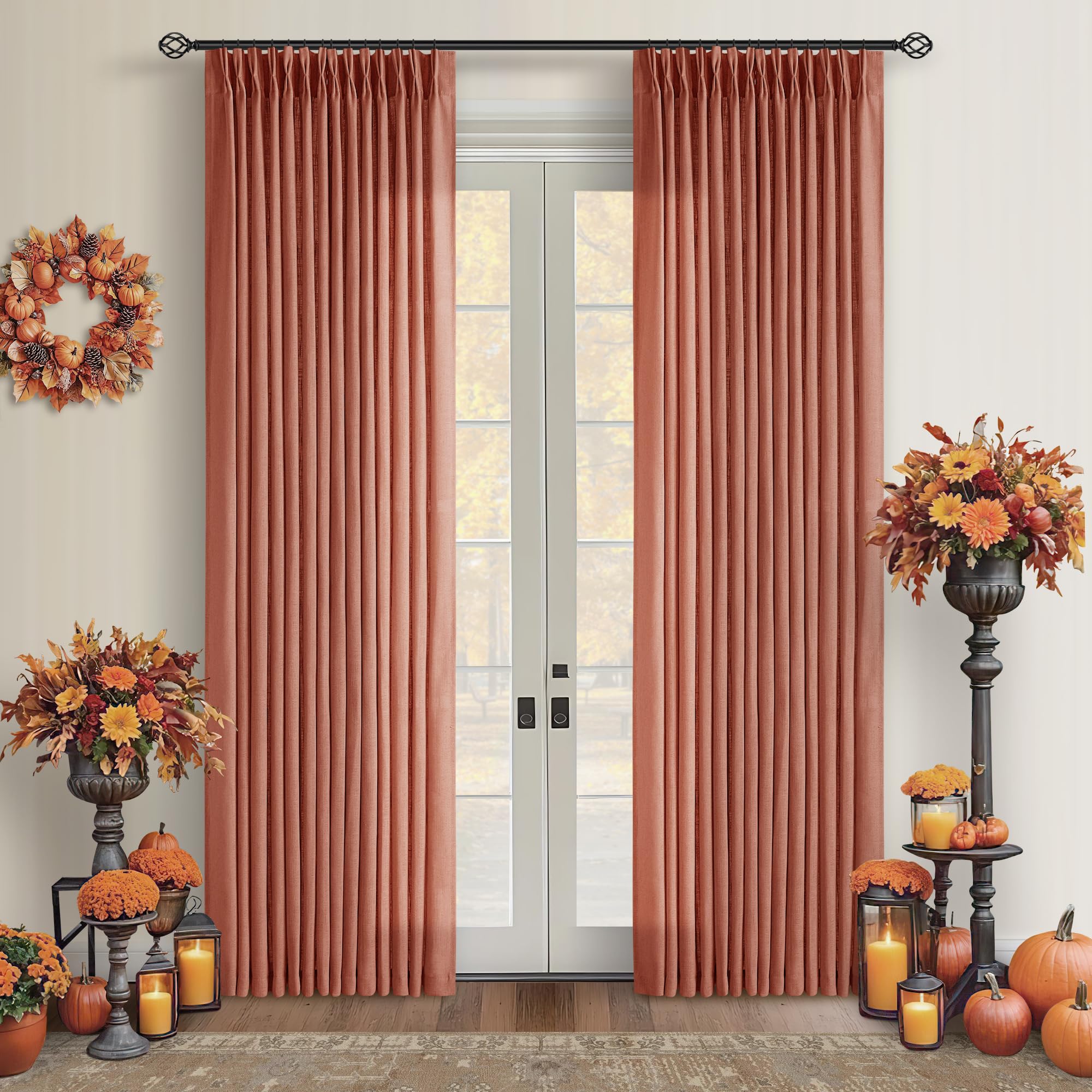 Firebrick 80 Inch Pinch Pleated Light Filtering Linen Curtains 2 Panels