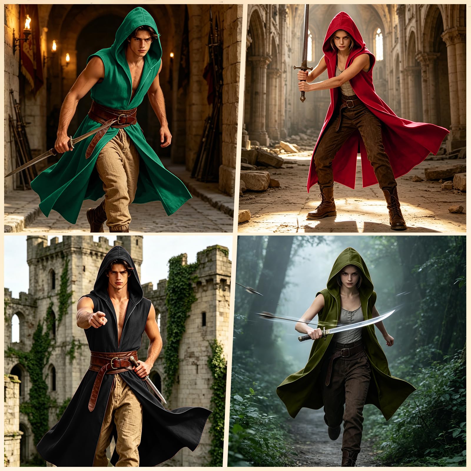 Średniowieczna peleryna surcoat, peleryna wikingów, renesansowy kaptur, bez rękawów, kostium dla Holloween Assassin Cosplay