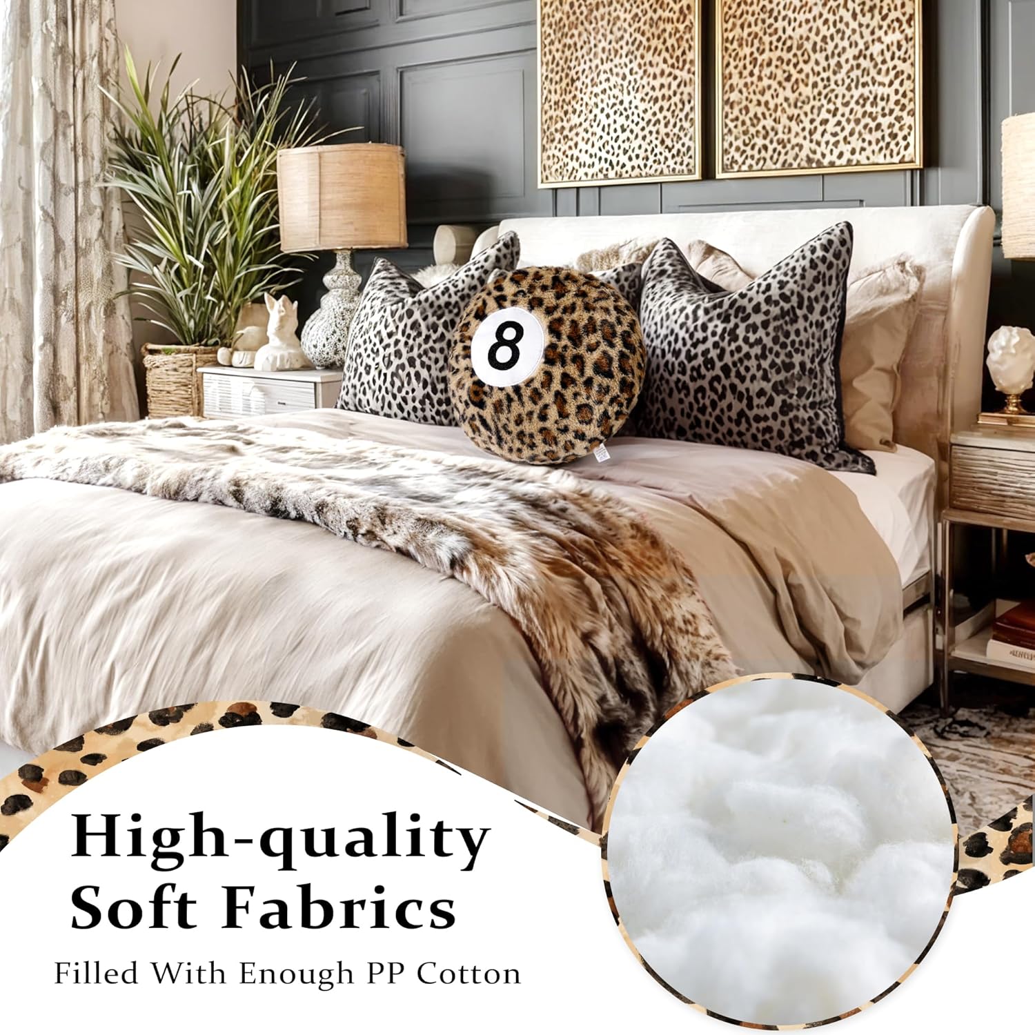 Dripykiaa Cheetah 8 Ball Throw Pillow, 14" Leopard Print 8 Ball Pillow Round Plush Decorative Cushion, Soft Trendy Throw Pillow for Bedroom & Living Room, Modern Aesthetic Home Decor for Women & Teens