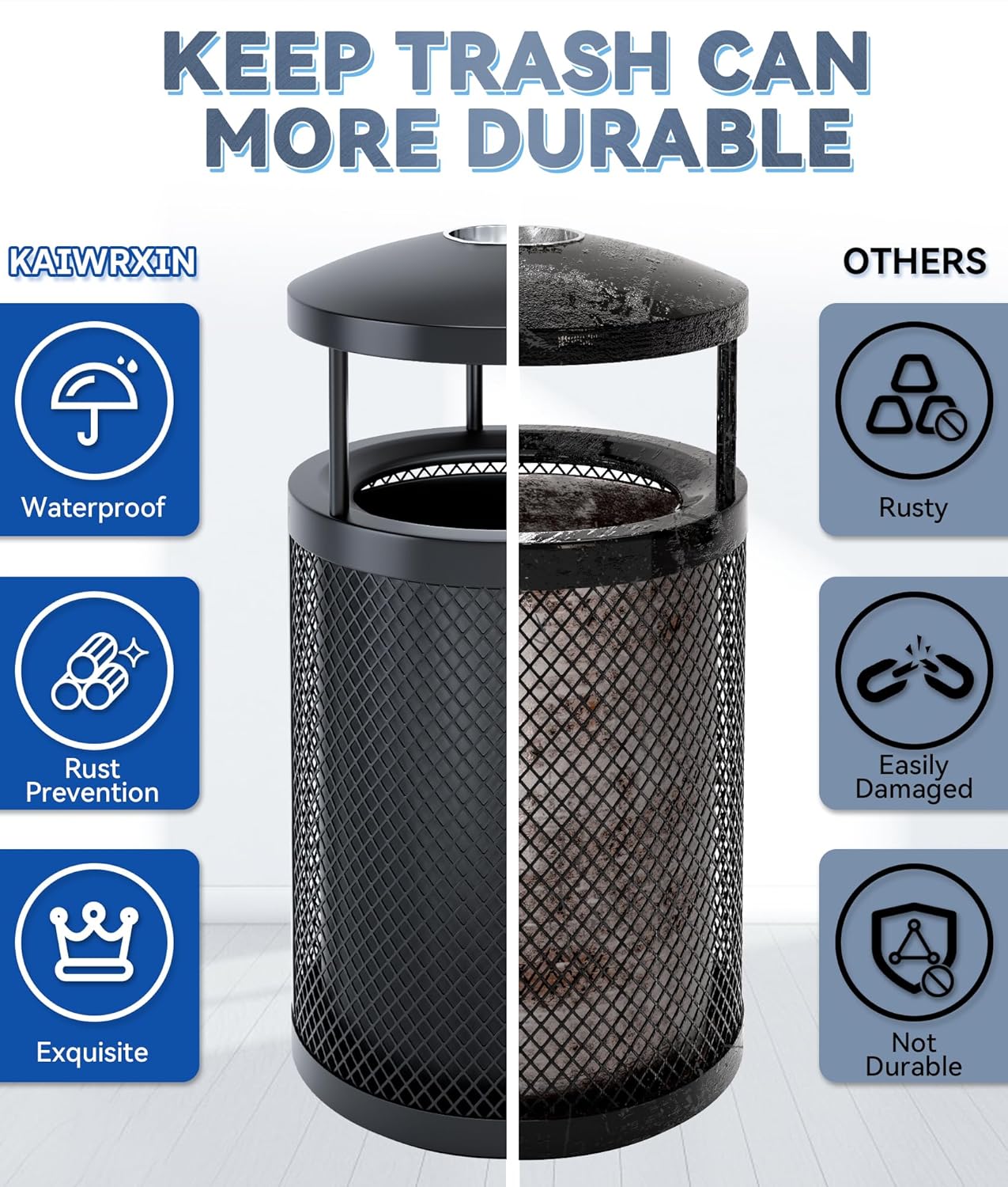 Drexo Commercial Slatted Outdoor Trash Can, Heavy Duty Metal Garbage Can with Linner for Indoor & Outdoor Use, Durable & Weather-Resistant Trash (Black/Round with Lid, 115L/30Gal)